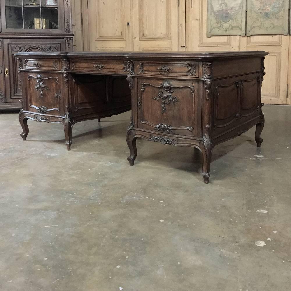 Hand-Carved Antique Country French Sculpted Oak Partner's Desk with Faux Leather Top