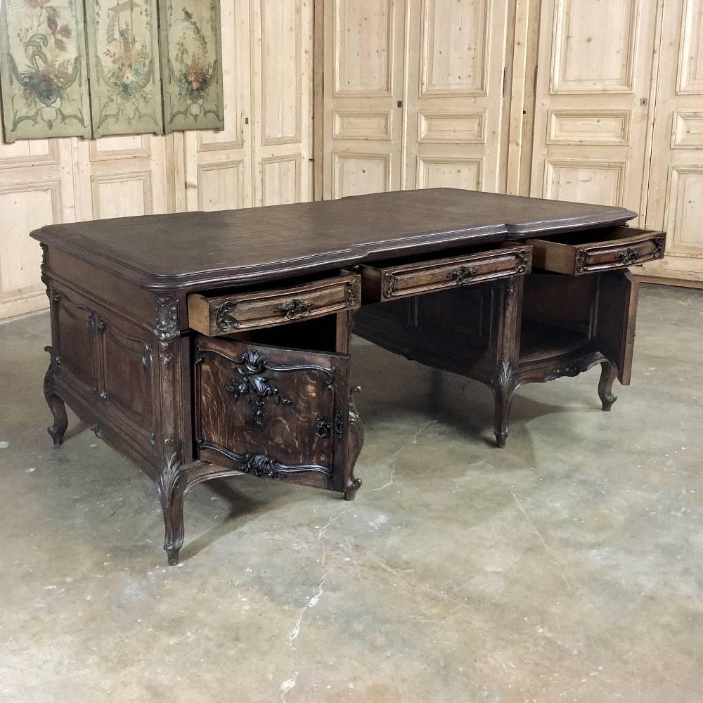Louis XV Antique Country French Sculpted Oak Partner's Desk with Faux Leather Top