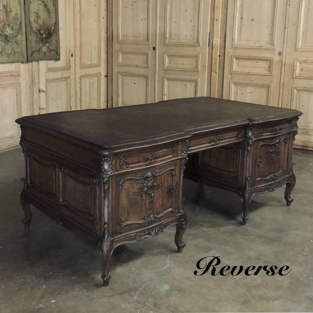 20th Century Antique Country French Sculpted Oak Partner's Desk with Faux Leather Top