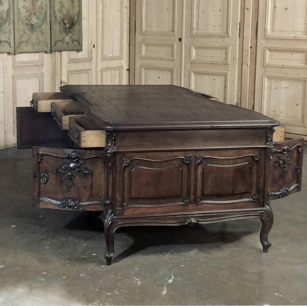 Antique Country French Sculpted Oak Partner's Desk with Faux Leather Top 1