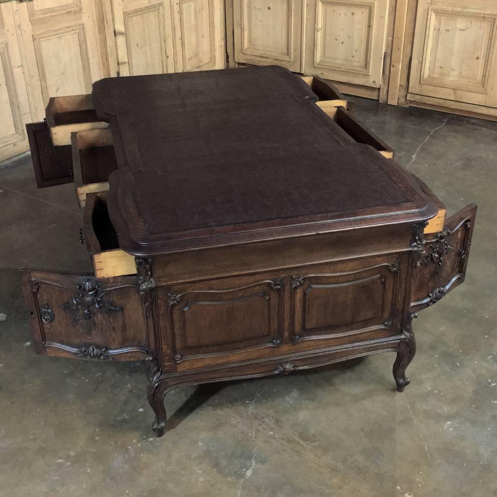 Antique Country French Sculpted Oak Partner's Desk with Faux Leather Top 2