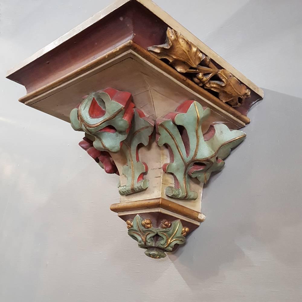 Late 19th Century Pair of Grand Carved French Wood Hand-Painted Gothic Shelves Sconces