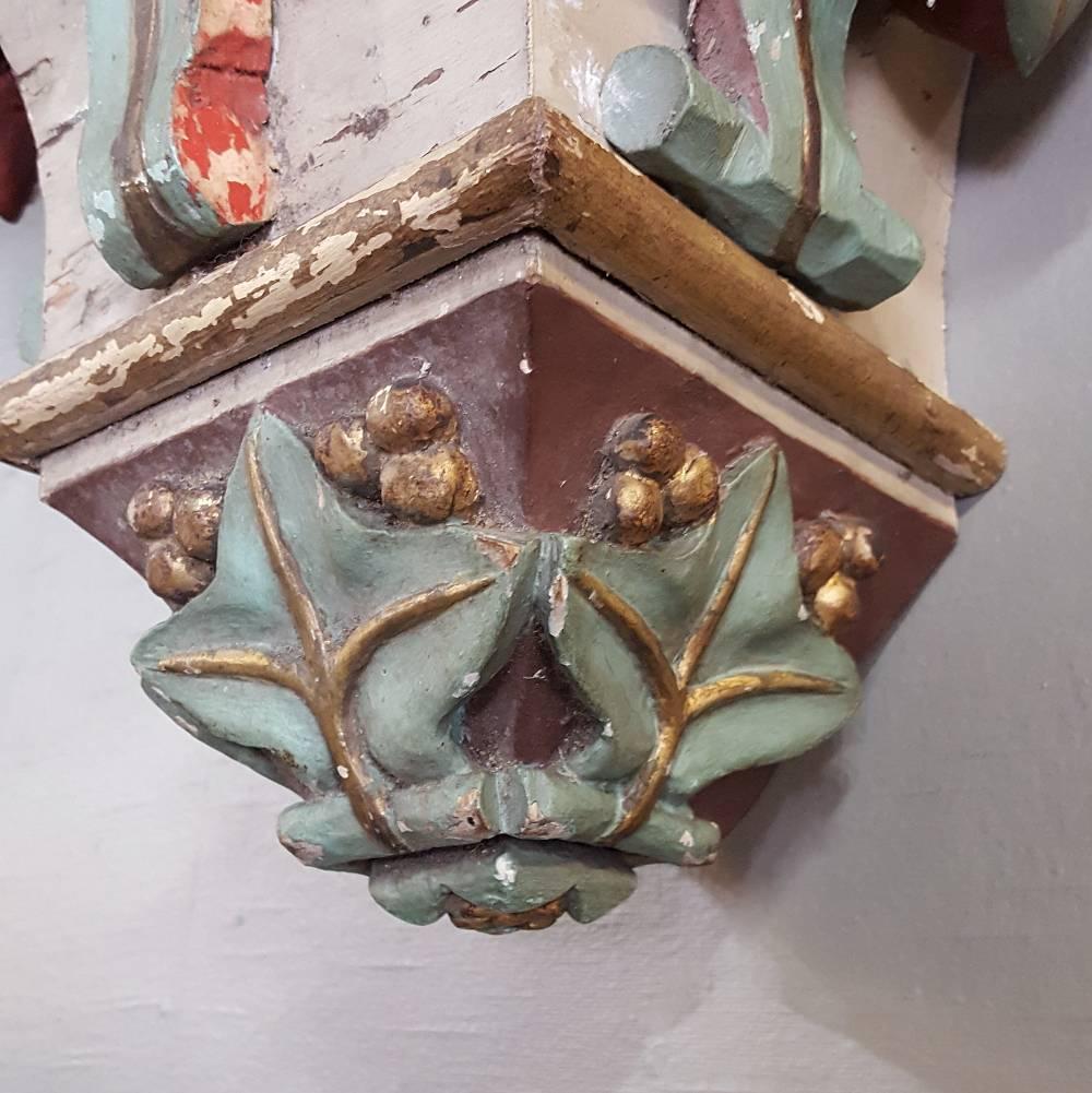 Pine Pair of Grand Carved French Wood Hand-Painted Gothic Shelves Sconces