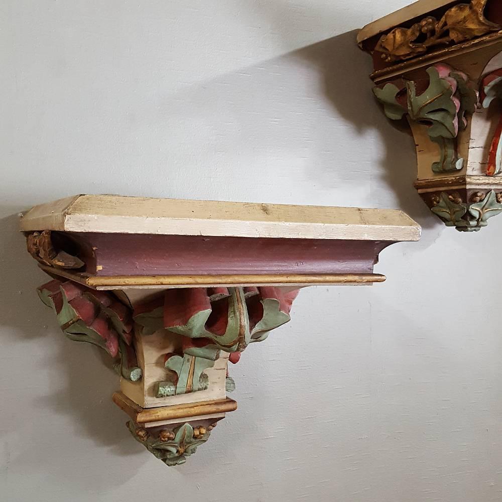 Pair of Grand Carved French Wood Hand-Painted Gothic Shelves Sconces 1