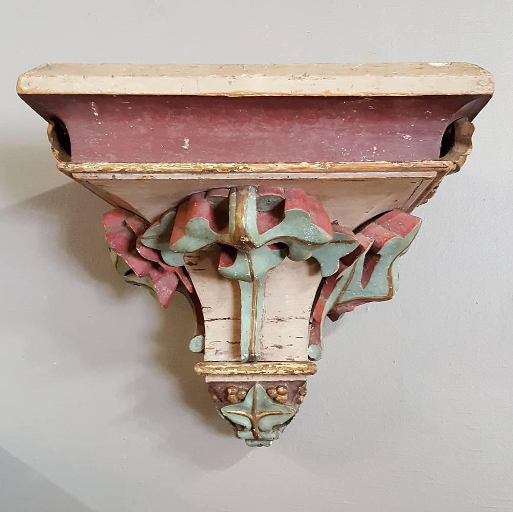 Hand-Carved Pair of Grand Carved French Wood Hand-Painted Gothic Shelves Sconces