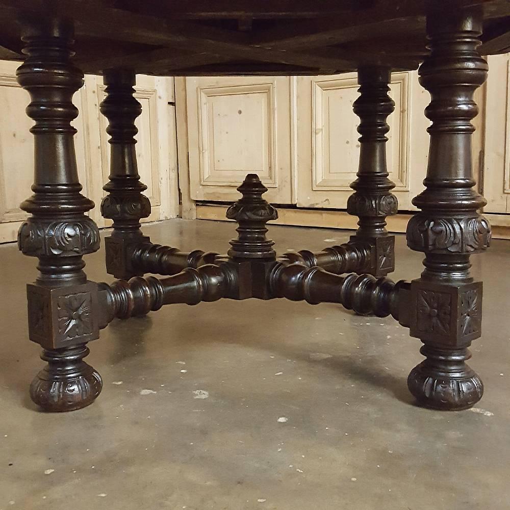 Mid-19th Century 19th Century French Renaissance Octagonal Hand-Carved Oak Game Table w/ Drawers