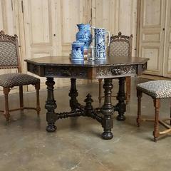 19th Century French Renaissance Octagonal Hand-Carved Oak Game Table w/ Drawers