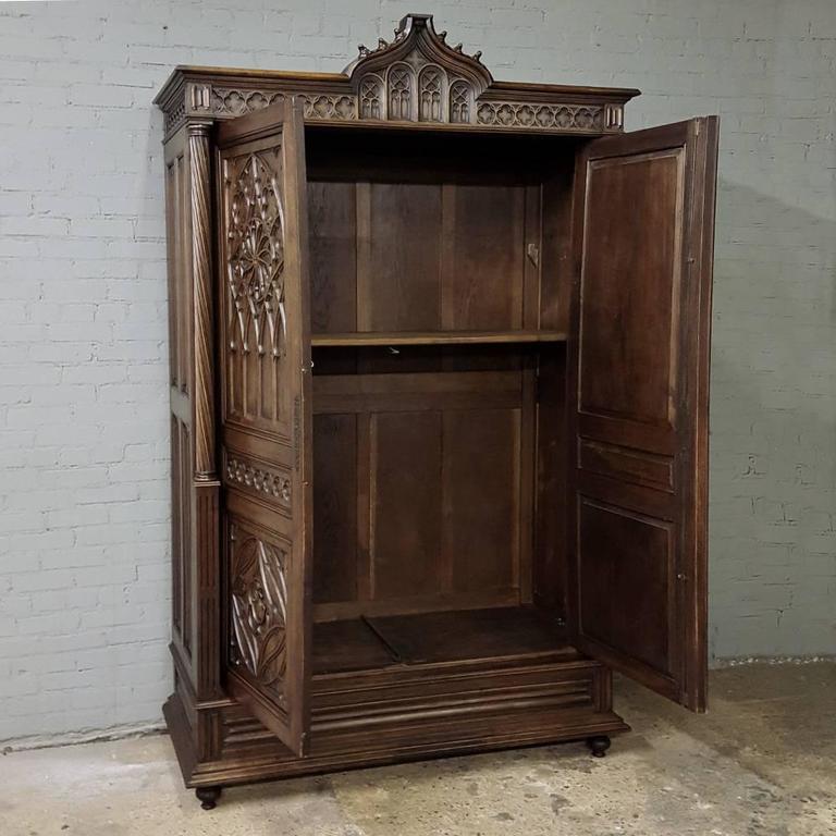 19th Century French Gothic Armoire in HandCarved Solid Walnut, circa