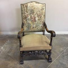 Pair 19th Century French Louis XIII Carved Walnut Needlepoint Tapestry Armchairs