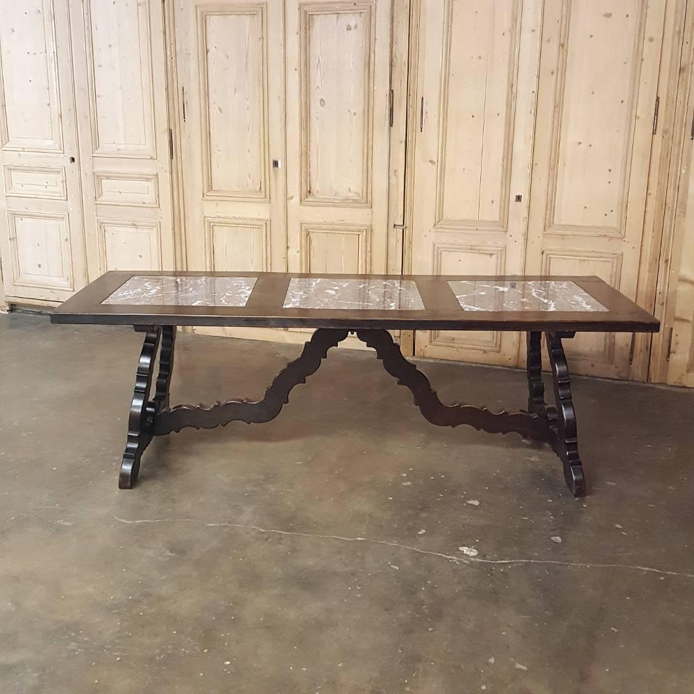 Antique Spanish Hand-Crafted Dining Table with Three Marble Inset Panels 3