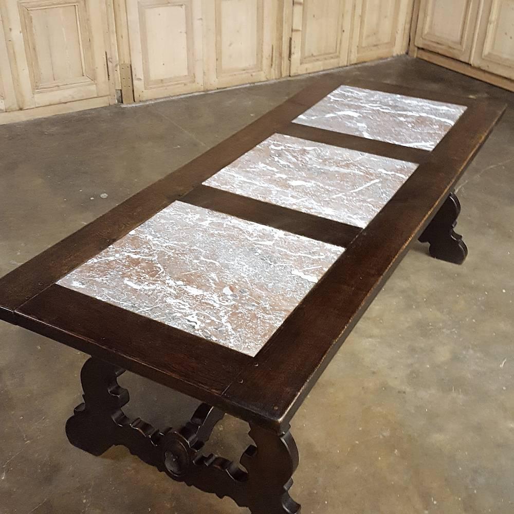 20th Century Antique Spanish Hand-Crafted Dining Table with Three Marble Inset Panels