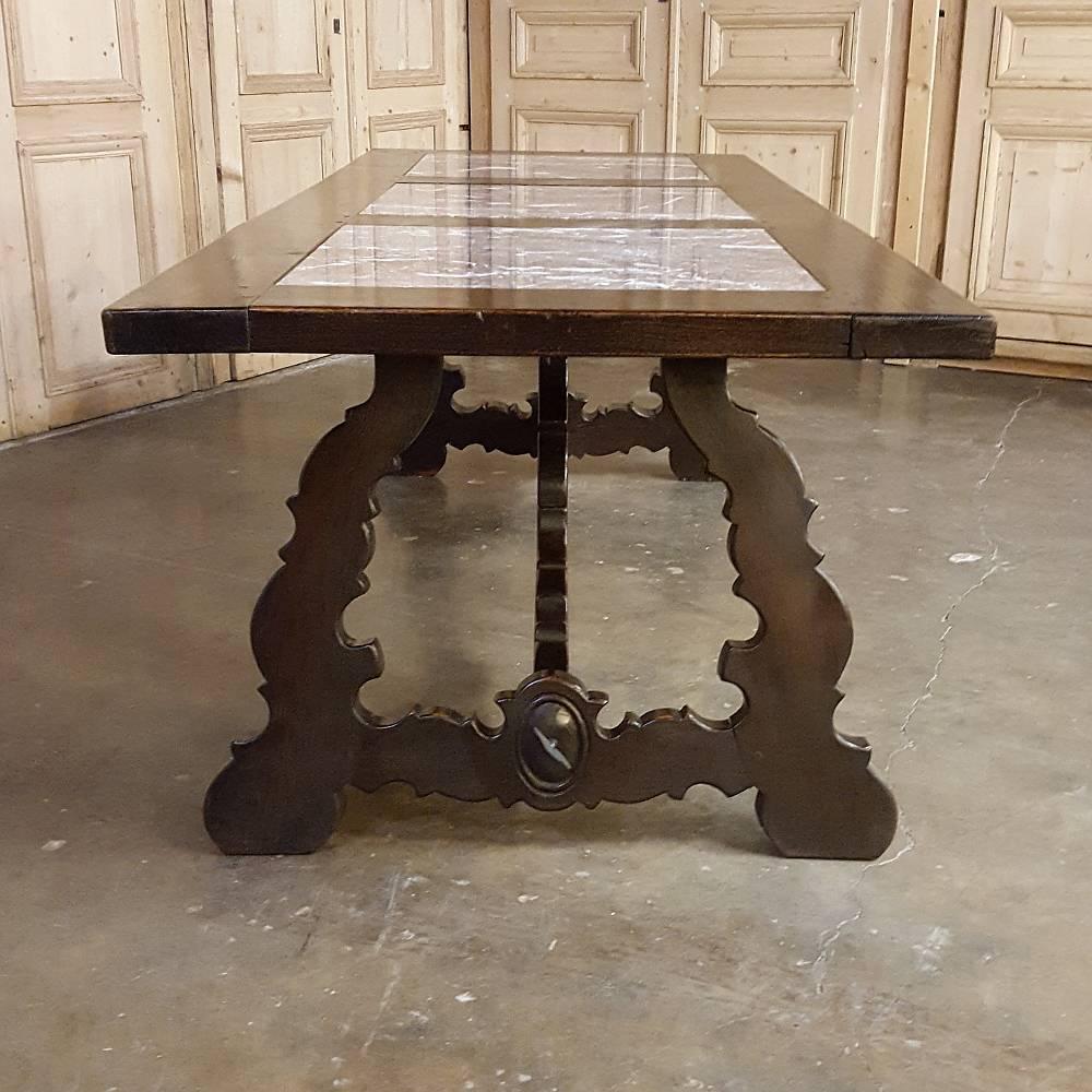 Antique Spanish Hand-Crafted Dining Table with Three Marble Inset Panels In Excellent Condition In Dallas, TX