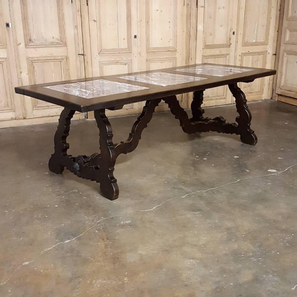 Antique Spanish Hand-Crafted Dining Table with Three Marble Inset Panels 1