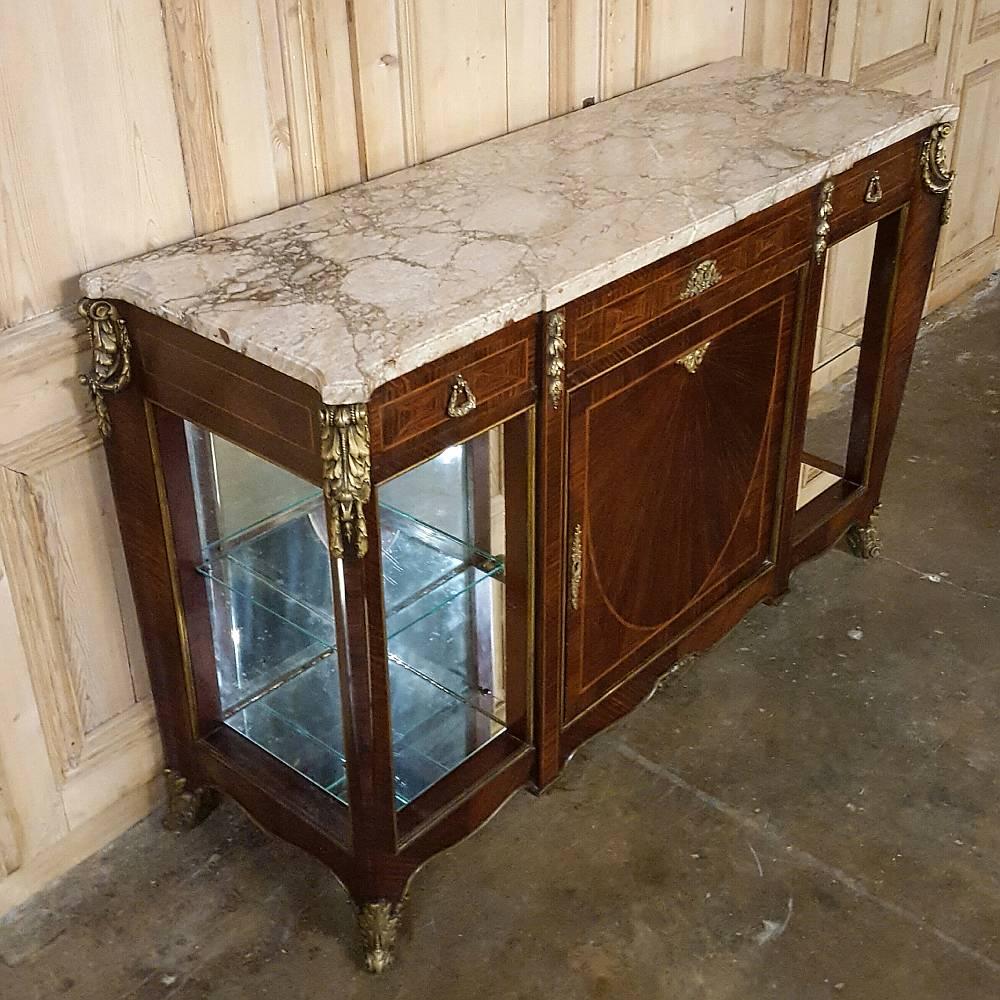 Hand-Crafted 19th Century French Louis XVI Marble-Top Marquetry Mahogany Display Buffet