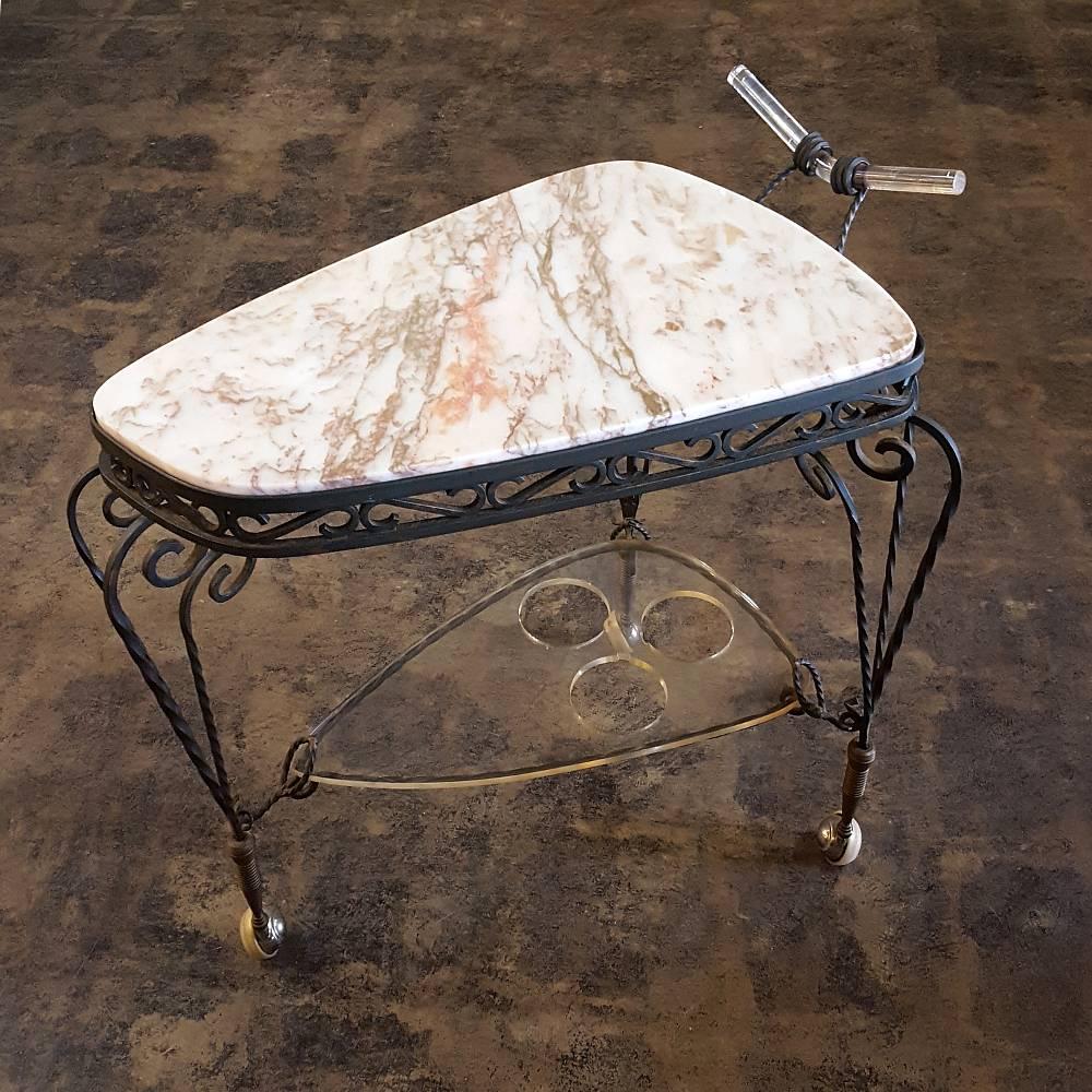 French Art Deco Wrought Iron Marble-Top Bar Cart