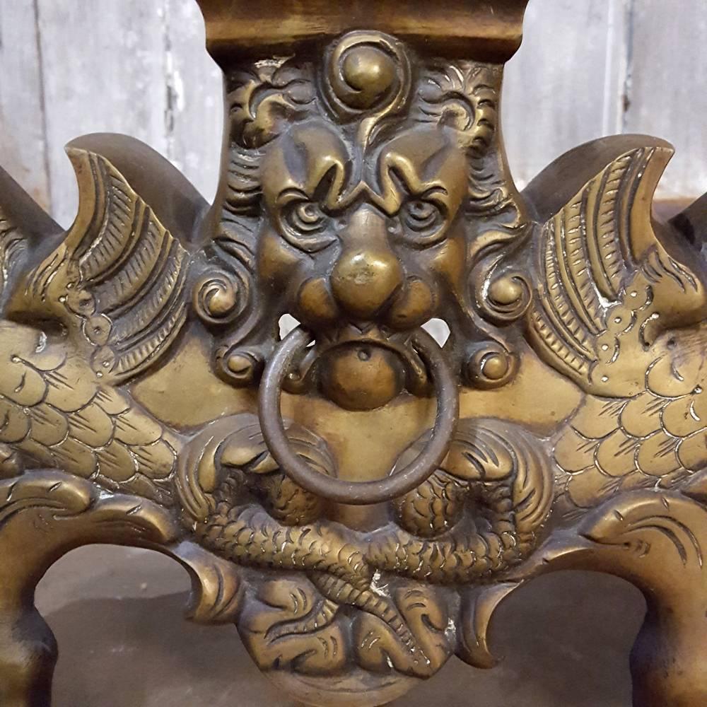 Grand 19th Century Bronze French Baroque Andirons with Pegasus Winged Horses In Excellent Condition In Dallas, TX