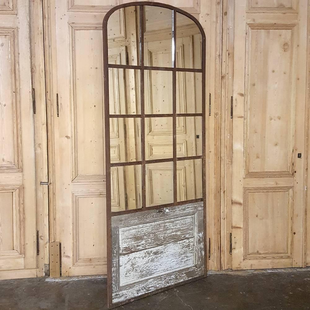 French 19th Century Arched Architectural Iron Window Mirror