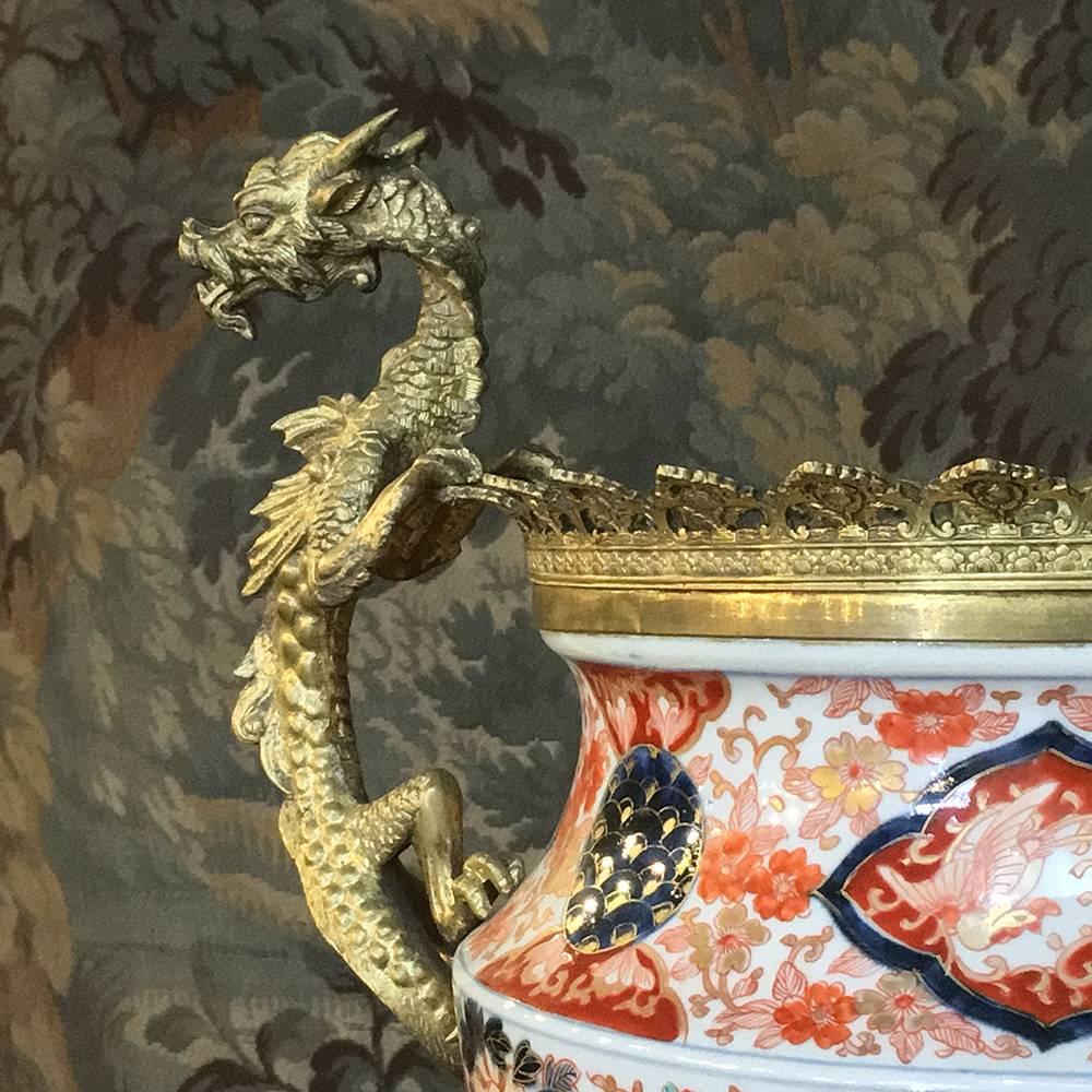 French 19th Century Hand-Painted Imari Vase with Bronze