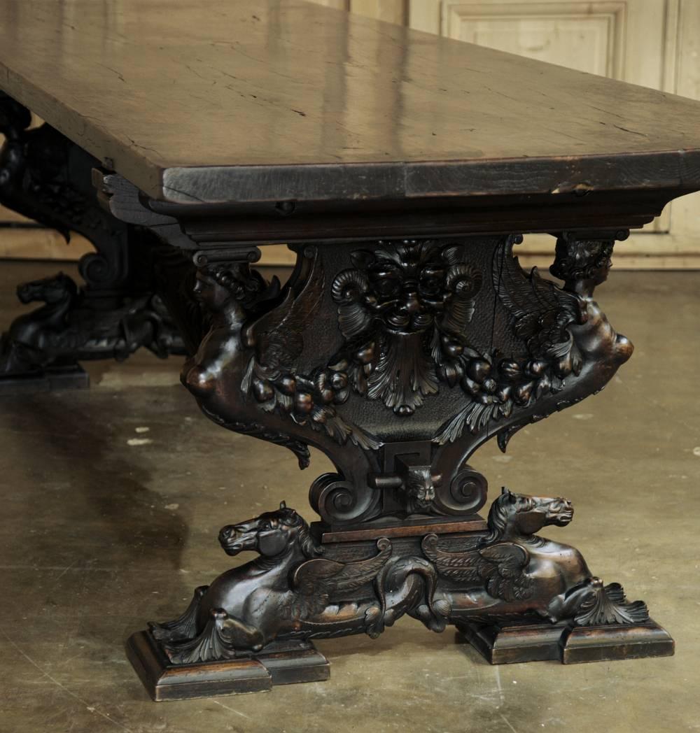 17th Century Italian Renaissance Walnut Table with Winged Horses & Angels In Excellent Condition In Dallas, TX