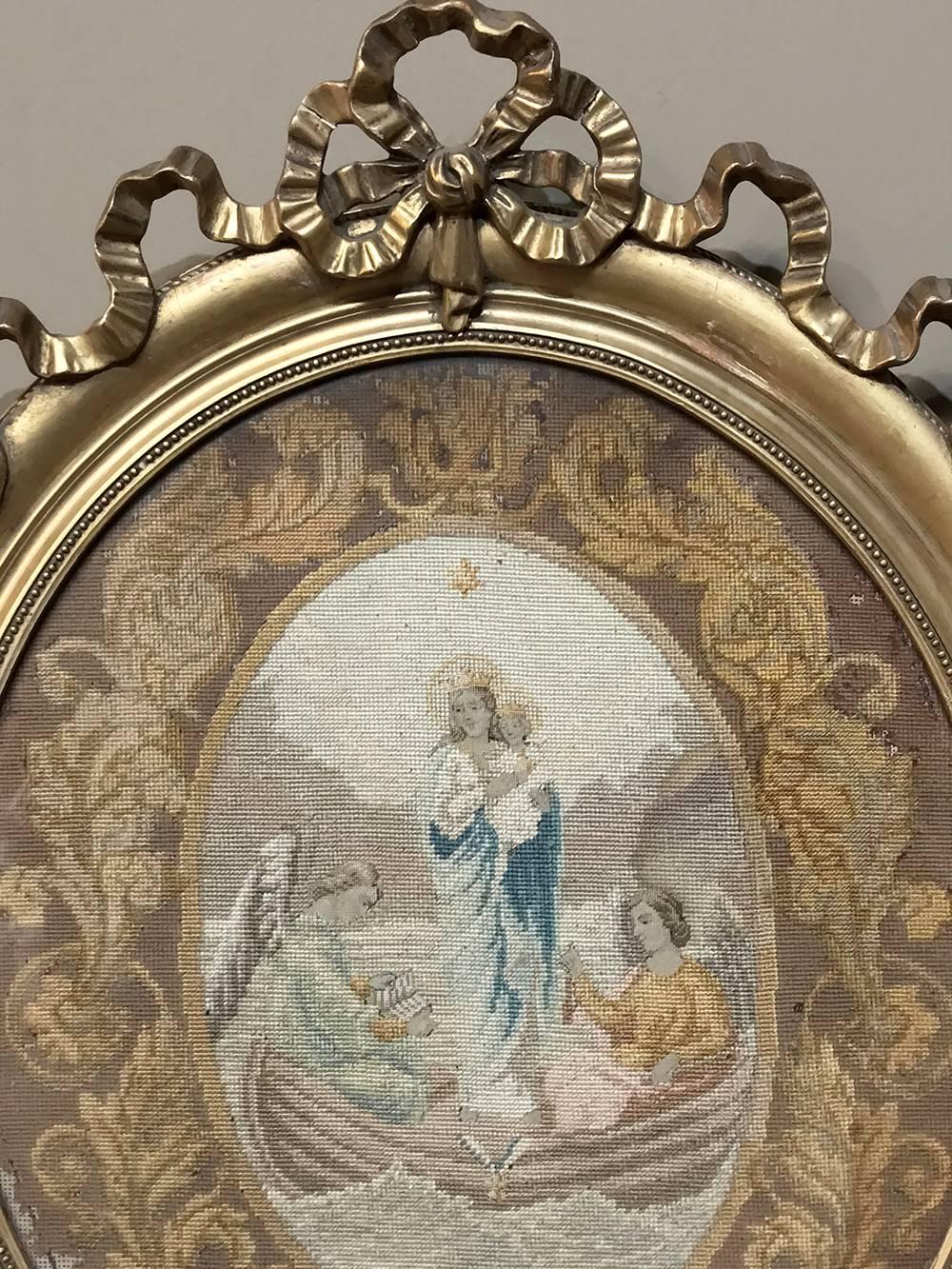 19th Century Petite Point & Needlepoint Giltwood Framed Tapestry In Excellent Condition For Sale In Dallas, TX