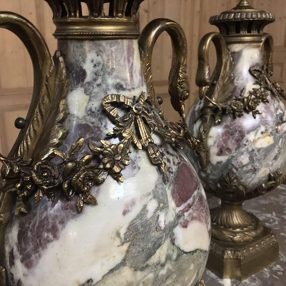 Late 19th Century Pair of 19th Century Belle Epoque Marble and Bronze Mantel Urns