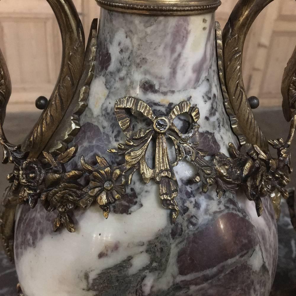 Pair of 19th Century Belle Epoque Marble and Bronze Mantel Urns 4