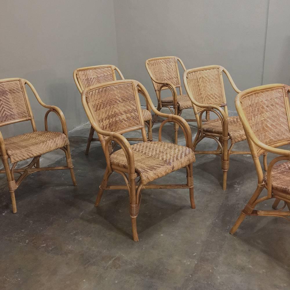 Set of Six Mid-Century Rattan and Bamboo Dining Chairs/Armchairs In Excellent Condition In Dallas, TX