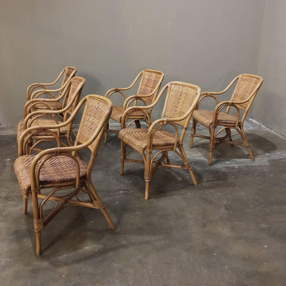 Mid-20th Century Set of Six Mid-Century Rattan and Bamboo Dining Chairs/Armchairs