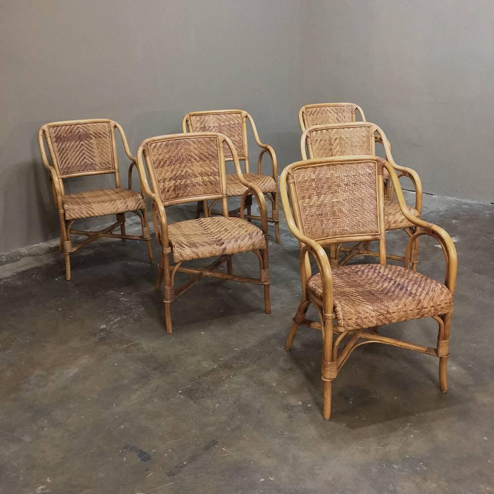 French Set of Six Mid-Century Rattan and Bamboo Dining Chairs/Armchairs