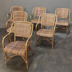 Set of Six Mid-Century Rattan and Bamboo Dining Chairs/Armchairs