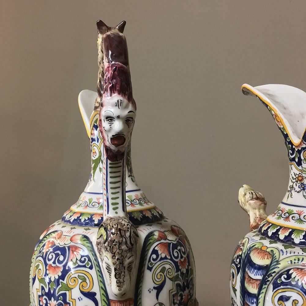 Pair of 19th Century Hand-Painted Ewer Vases from Rouen 4