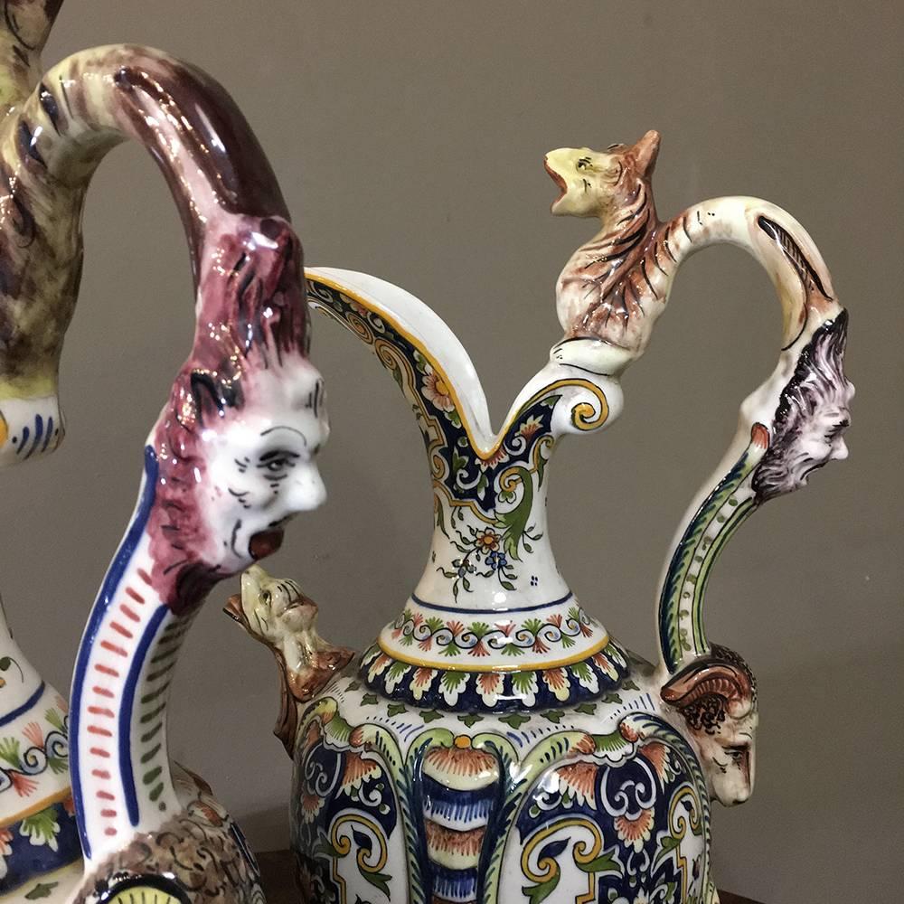 Pair of 19th Century Hand-Painted Ewer Vases from Rouen In Excellent Condition In Dallas, TX