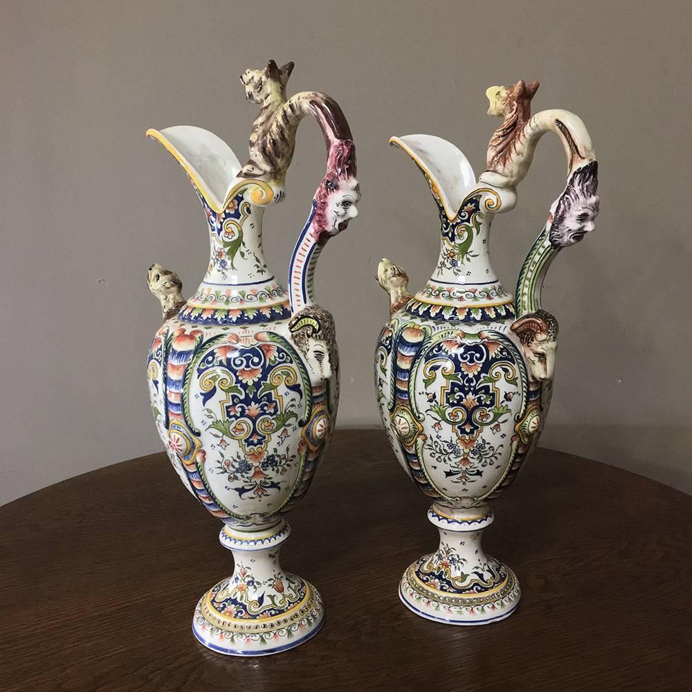 French Pair of 19th Century Hand-Painted Ewer Vases from Rouen