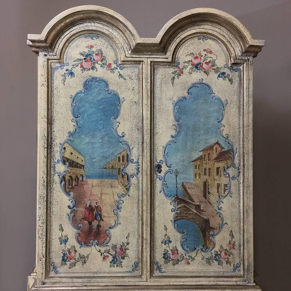 French Antique Venetian Painted Secretary Bookcase