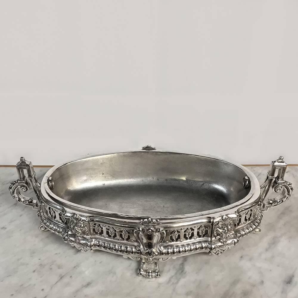 19th century silver plate French Neoclassical Jardinière makes the perfect centerpiece or mantel decoration, or just atop a buffet for panache! Fitted with its original liner which protects your surfaces in case you want to display fresh flowers or