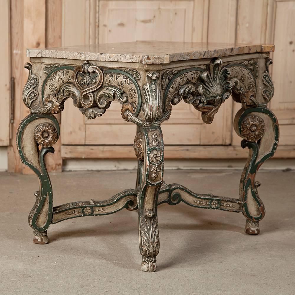 19th Century Louis XIV French Painted Marble Top End Table In Excellent Condition In Dallas, TX