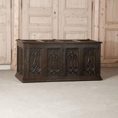 19th Century French Gothic Revival Hand Carved Oak Trunk