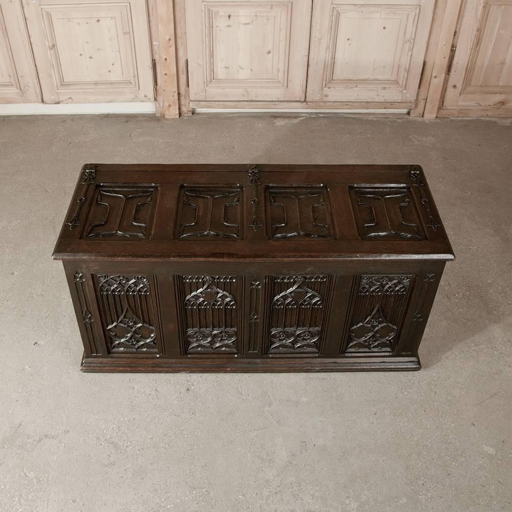 Hand-Carved 19th Century French Gothic Revival Hand Carved Oak Trunk