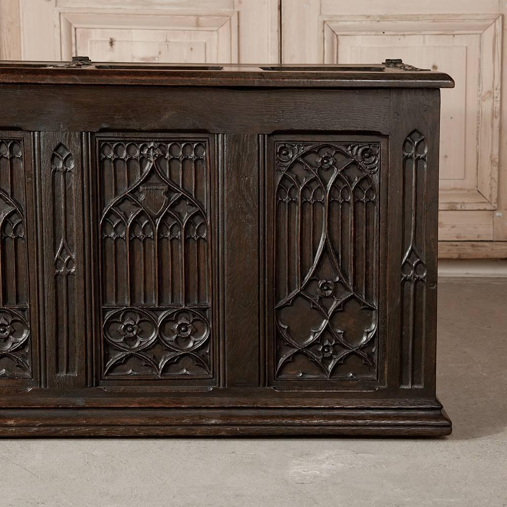 19th Century French Gothic Revival Hand Carved Oak Trunk 3
