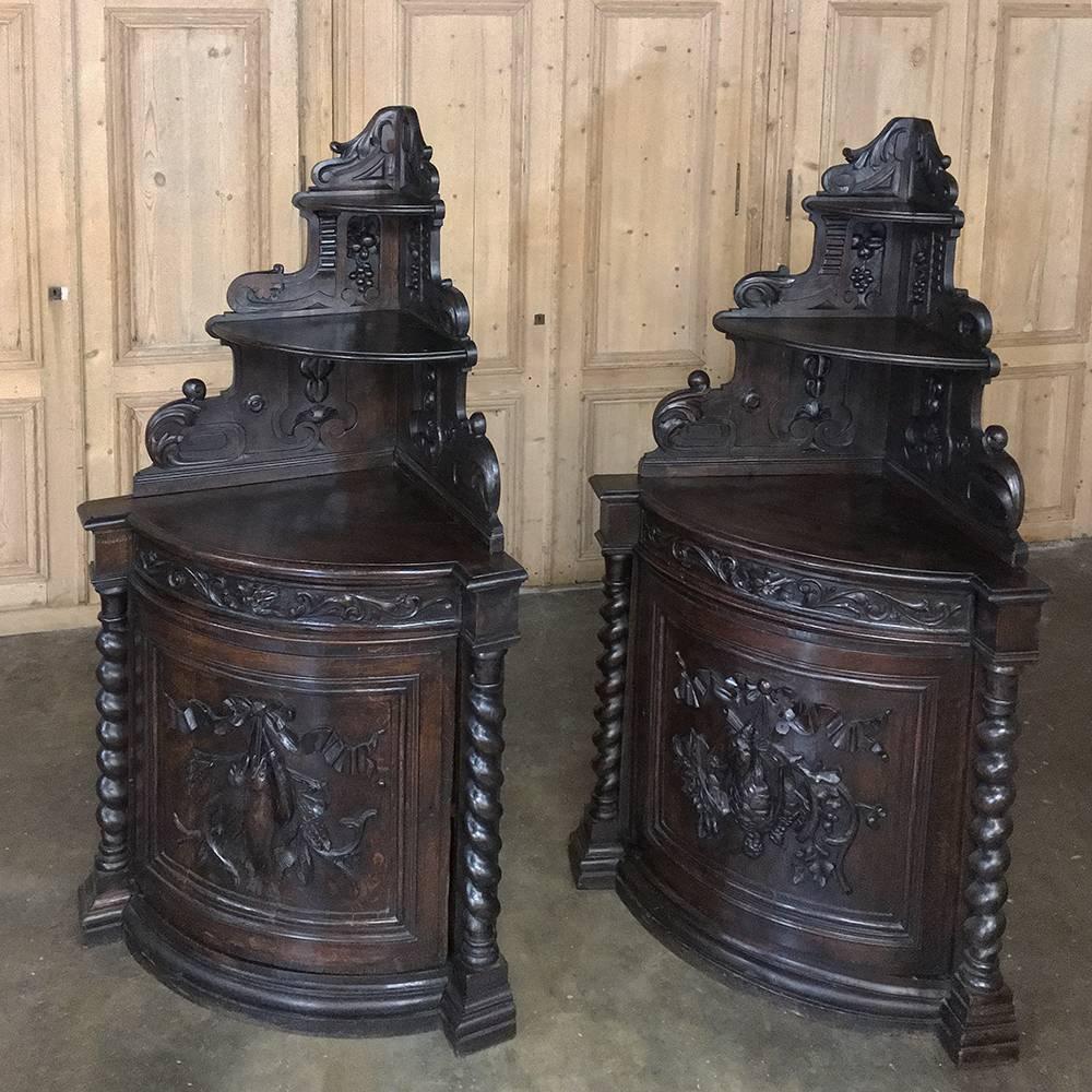 Pair of 19th Century French Renaissance Corner Hunt Cabinets In Excellent Condition In Dallas, TX