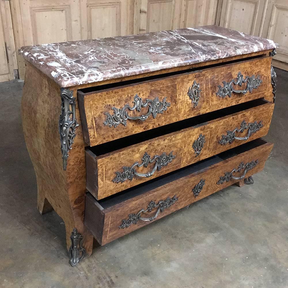 19th Century French Marble-Top Marquetry Bombe Commode In Excellent Condition In Dallas, TX