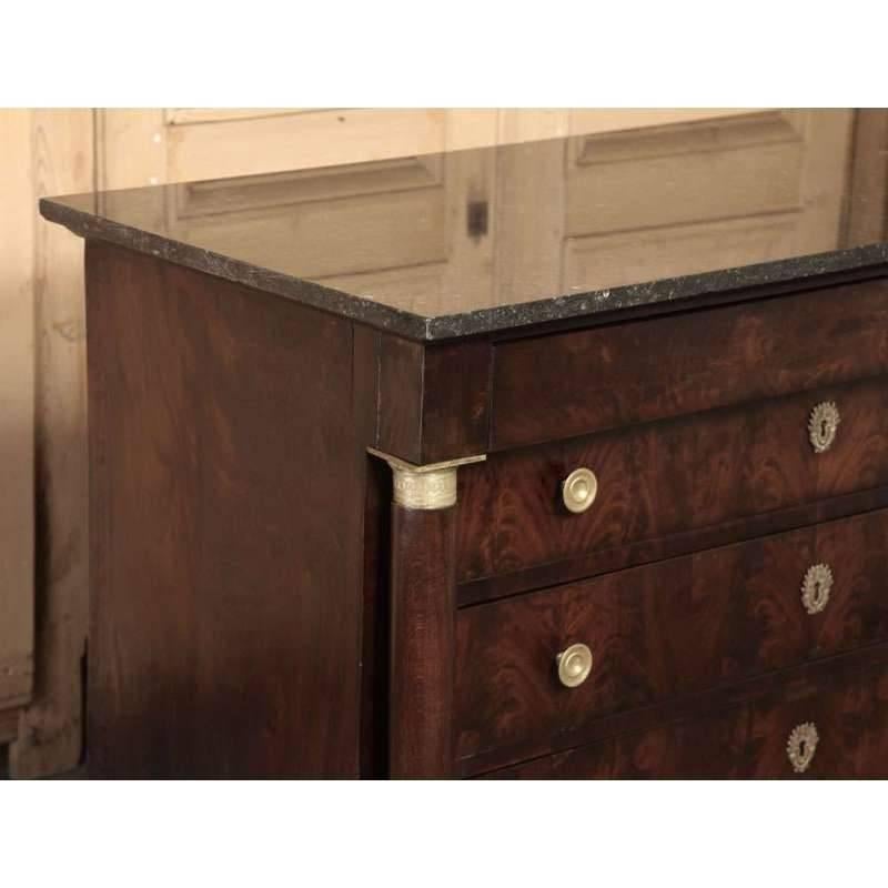 Early 19th Century Antique French Empire Marble Top Flame Mahogany Commode