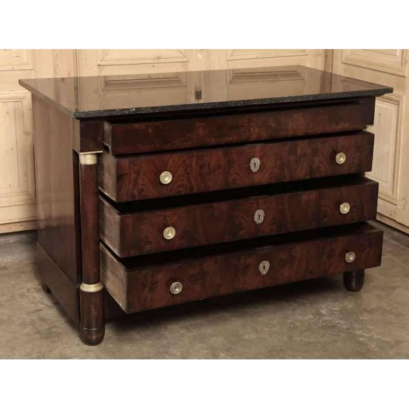 Polished Antique French Empire Marble Top Flame Mahogany Commode