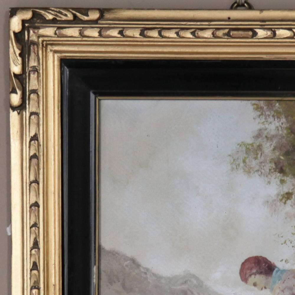 This charming 19th century framed Tuscan oil painting on canvas by F. Mancini is a wonderful blend of the pastoral with human interest! Discovered in small antique shop in Tuscuny, we love the charming composition, rich colors and bold brushstrokes