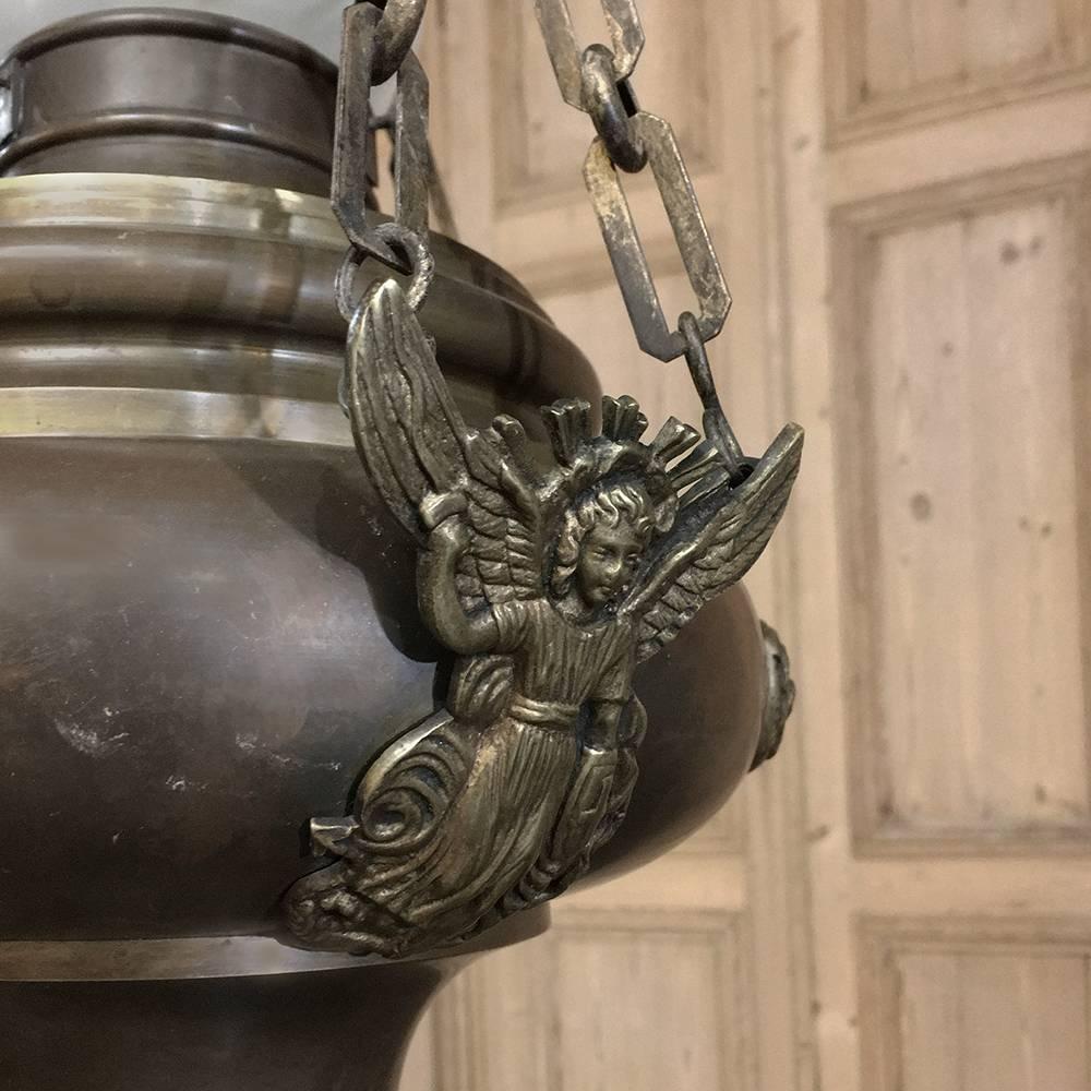 Cast 19th Century Oil French Brass Lantern Chandelier with Cherubs and Angels. For Sale