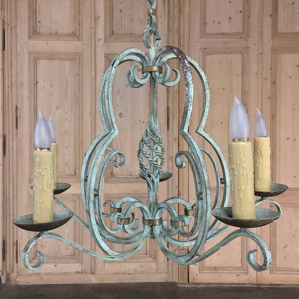 Rococo Revival Antique Country French Painted Hand Forged Wrought Iron Chandelier