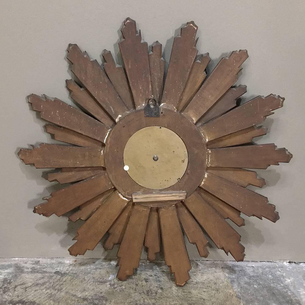 Giltwood Mid-Century Carved Wood French Gilt Wood Sunburst Wall Clock