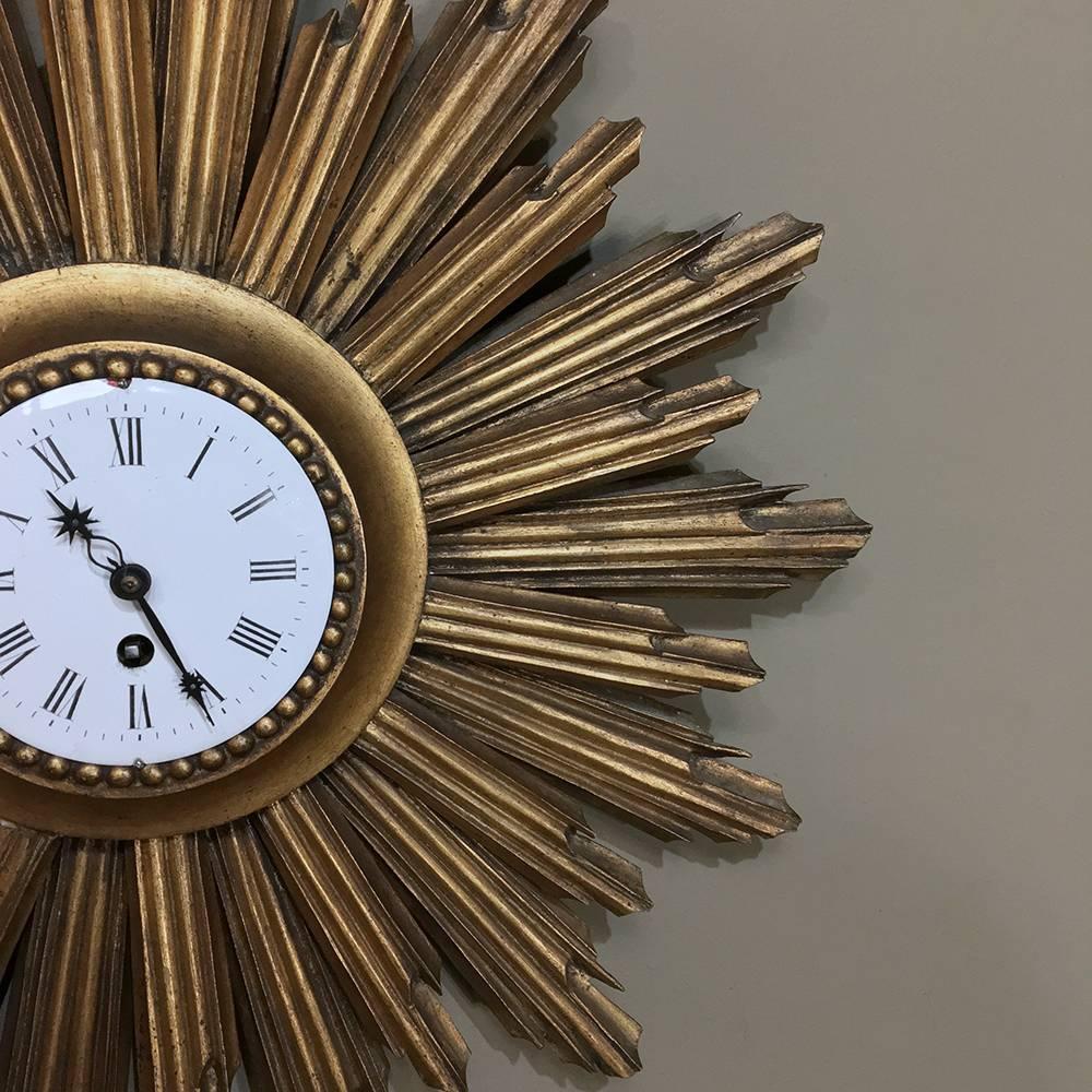 Mid-Century Modern Mid-Century Carved Wood French Gilt Wood Sunburst Wall Clock