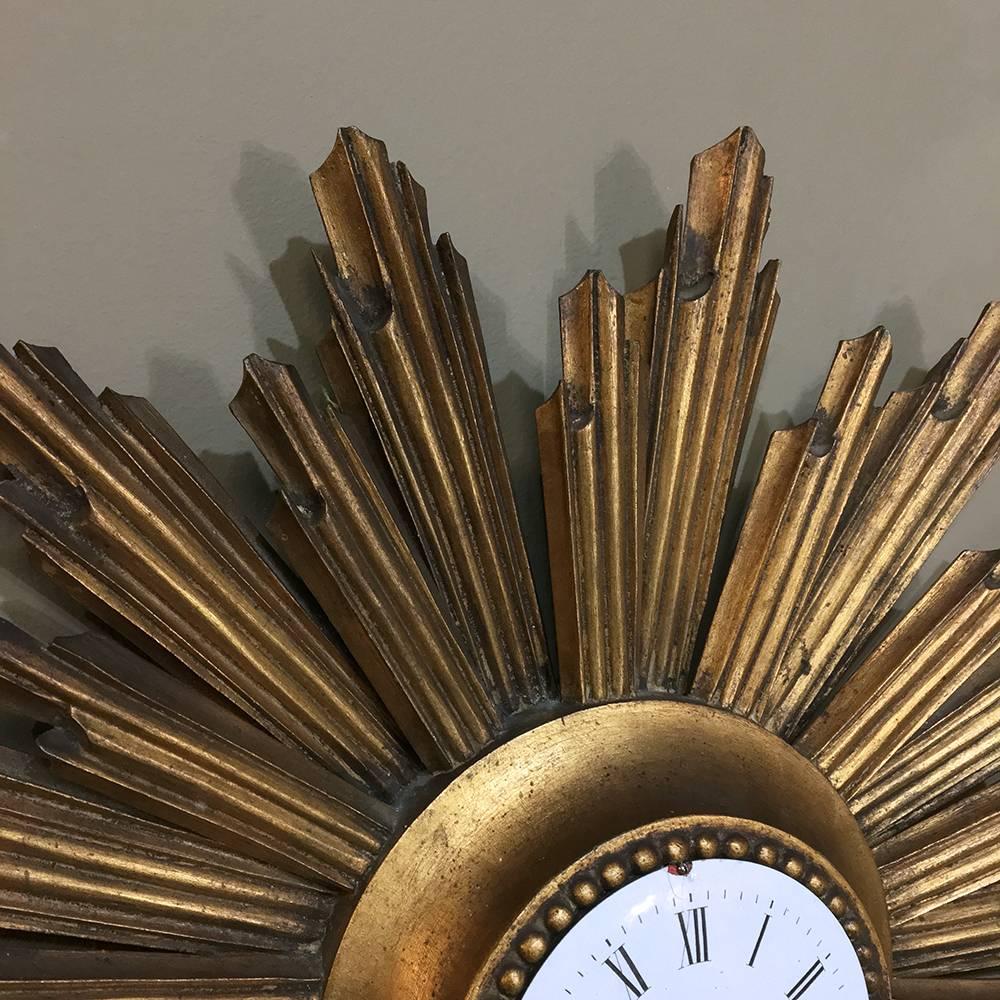 Hand-Crafted Mid-Century Carved Wood French Gilt Wood Sunburst Wall Clock