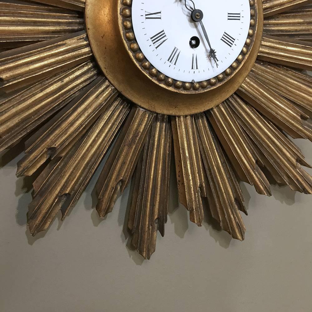 Early 20th Century Mid-Century Carved Wood French Gilt Wood Sunburst Wall Clock